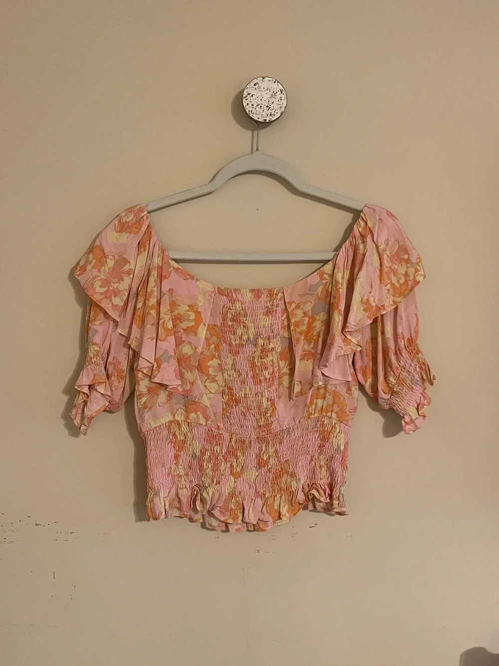 Astr Floral Ruffle Smocked Top in Pink & Peach